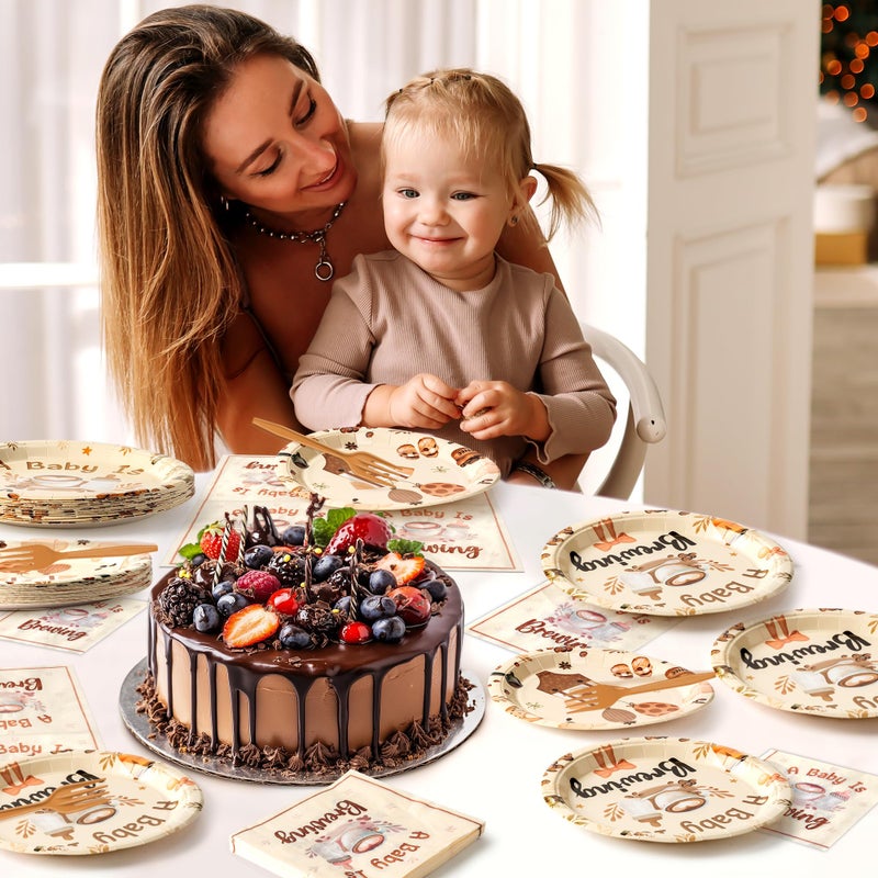 K1tpde Coffee Baby Shower Tableware - 192PCS A Baby Is Brewing Theme Party Tableware Set Included Paper Plates Napkins and Forks, Babies In Bloom Birthday Decorations for Pregnancy Party Supply, 48set - Image 3
